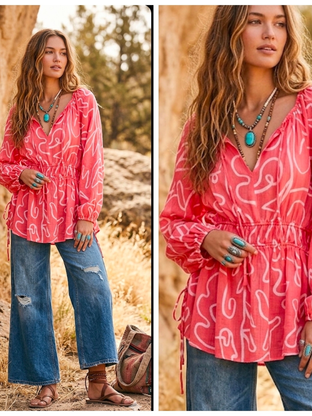 Women’s Pink V-Neck Drawstring Waist Peasant Top